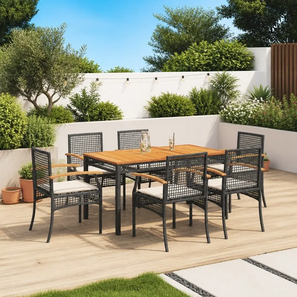 7 Piece Outdoor Dining Set in Black Rattan