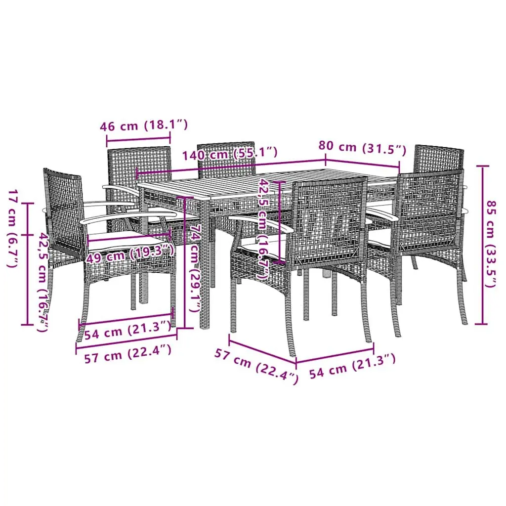 7 Piece Outdoor Dining Set in Black Rattan