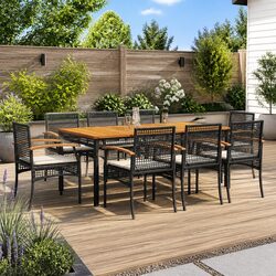 Durable 9 Piece Outdoor Dining Set with Black Poly Rattan