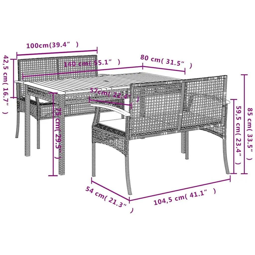 3 Piece Black Patio Dining Set with Cushions