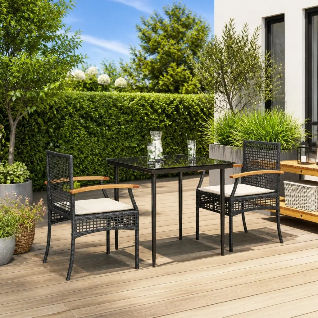 3 Piece Garden Dining Set PE Rattan Black with Tempered Glass Tabletop and Cushions