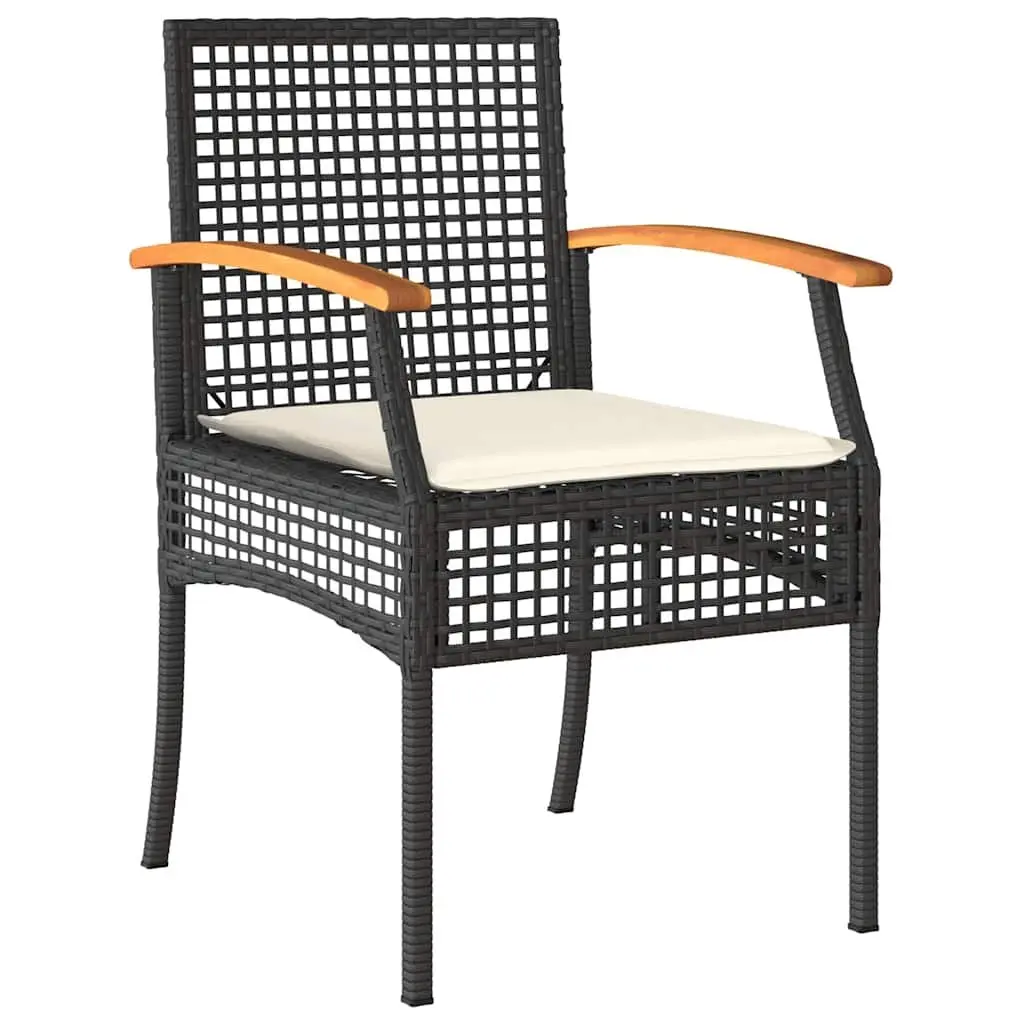 3 Piece Garden Dining Set PE Rattan Black with Tempered Glass Tabletop and Cushions