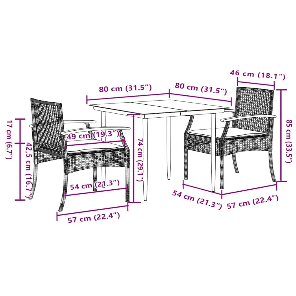 3 Piece Garden Dining Set PE Rattan Black with Tempered Glass Tabletop and Cushions
