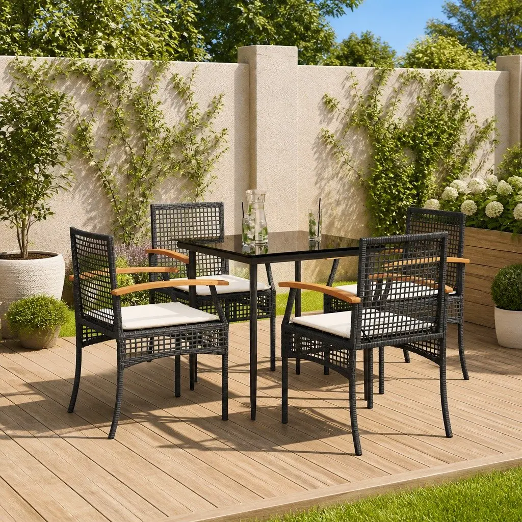Garden Dining Set PE Rattan Steel 5 Piece Black Outdoor Furniture Table Chairs Cushions