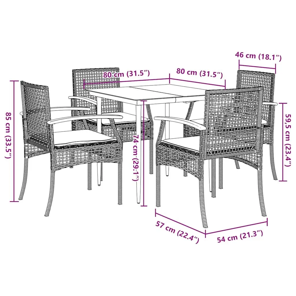 Garden Dining Set PE Rattan Steel 5 Piece Black Outdoor Furniture Table Chairs Cushions