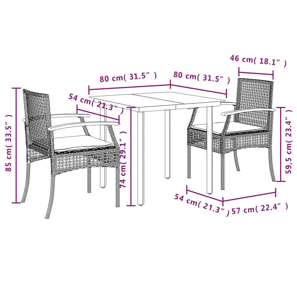 Black Poly Rattan 3 Piece Outdoor Dining Set