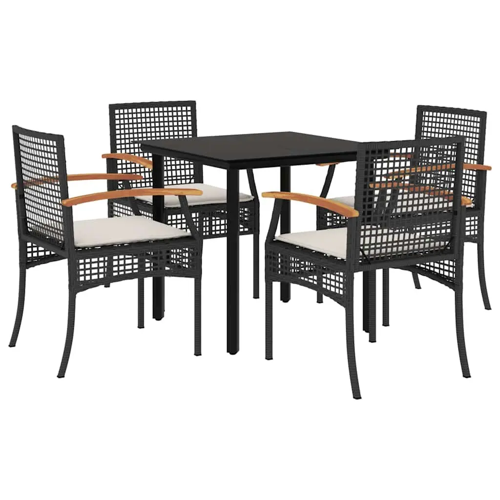 5 Piece Outdoor Garden Dining Set Black Poly Rattan Table Chairs Cushions Patio