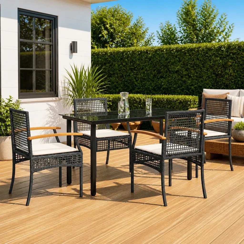 5 Piece Garden Dining Set PE Rattan Powder-coated Steel Black with Cushions