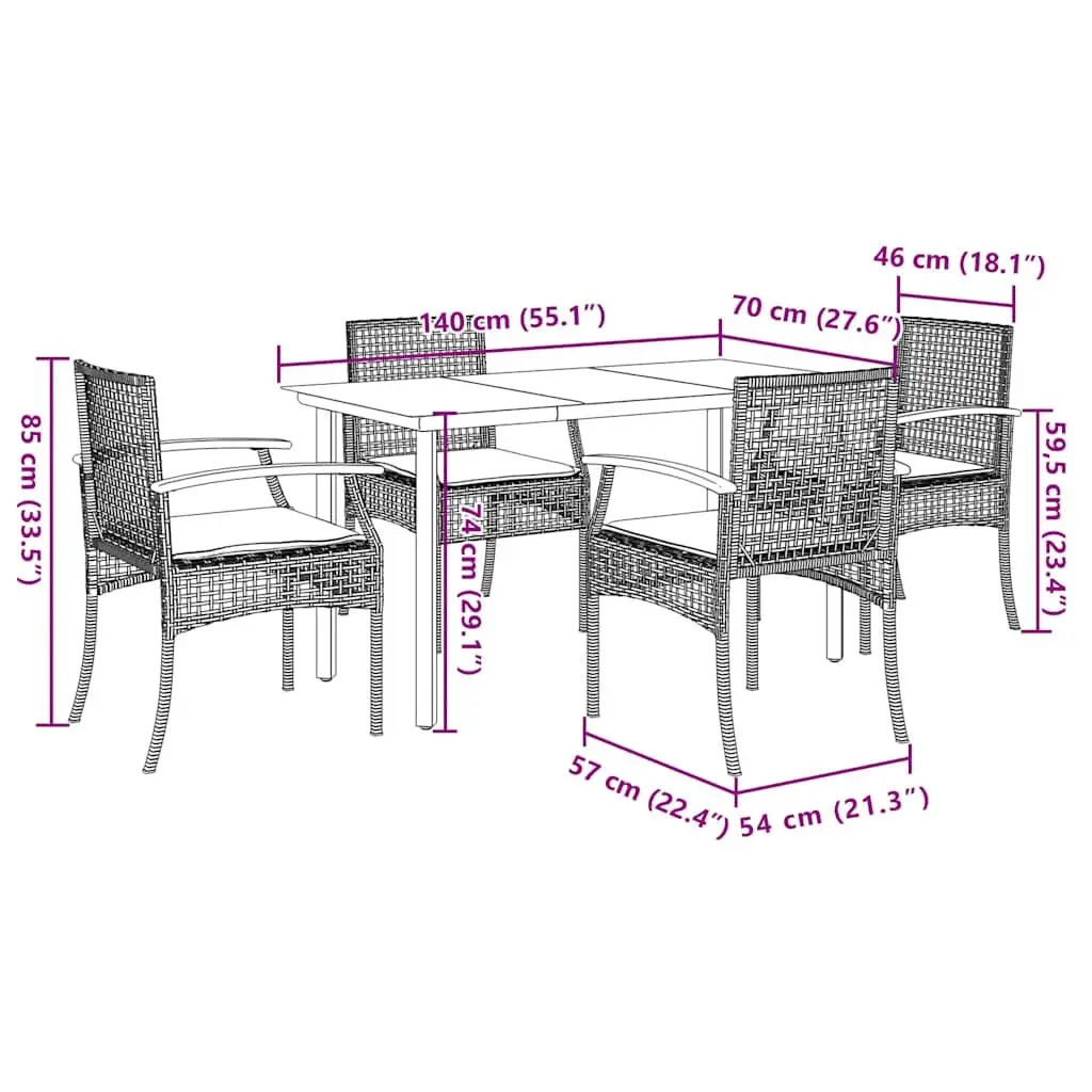5 Piece Garden Dining Set PE Rattan Powder-coated Steel Black with Cushions