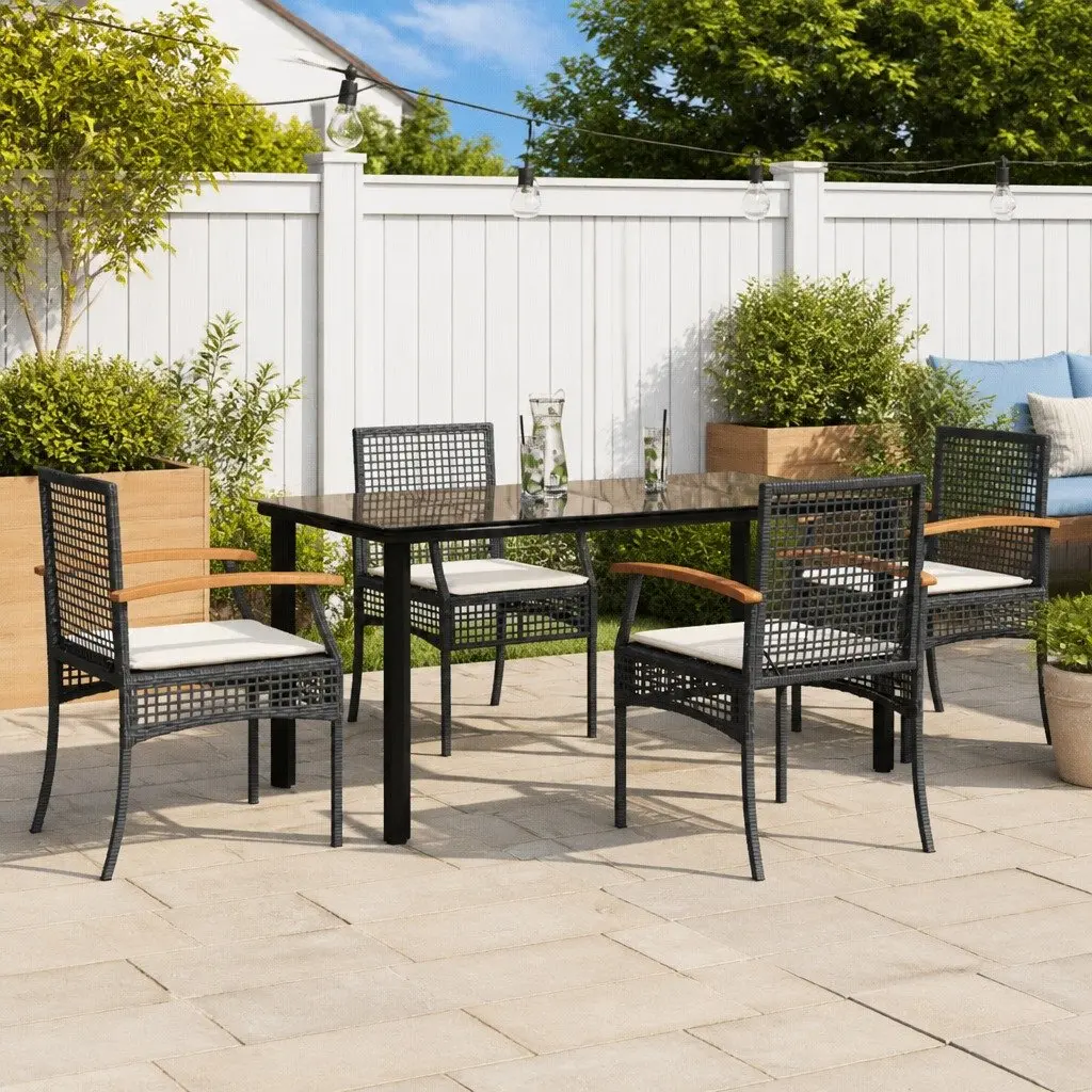 5 Piece Garden Dining Set PE Rattan Black Outdoor Furniture Table Chairs