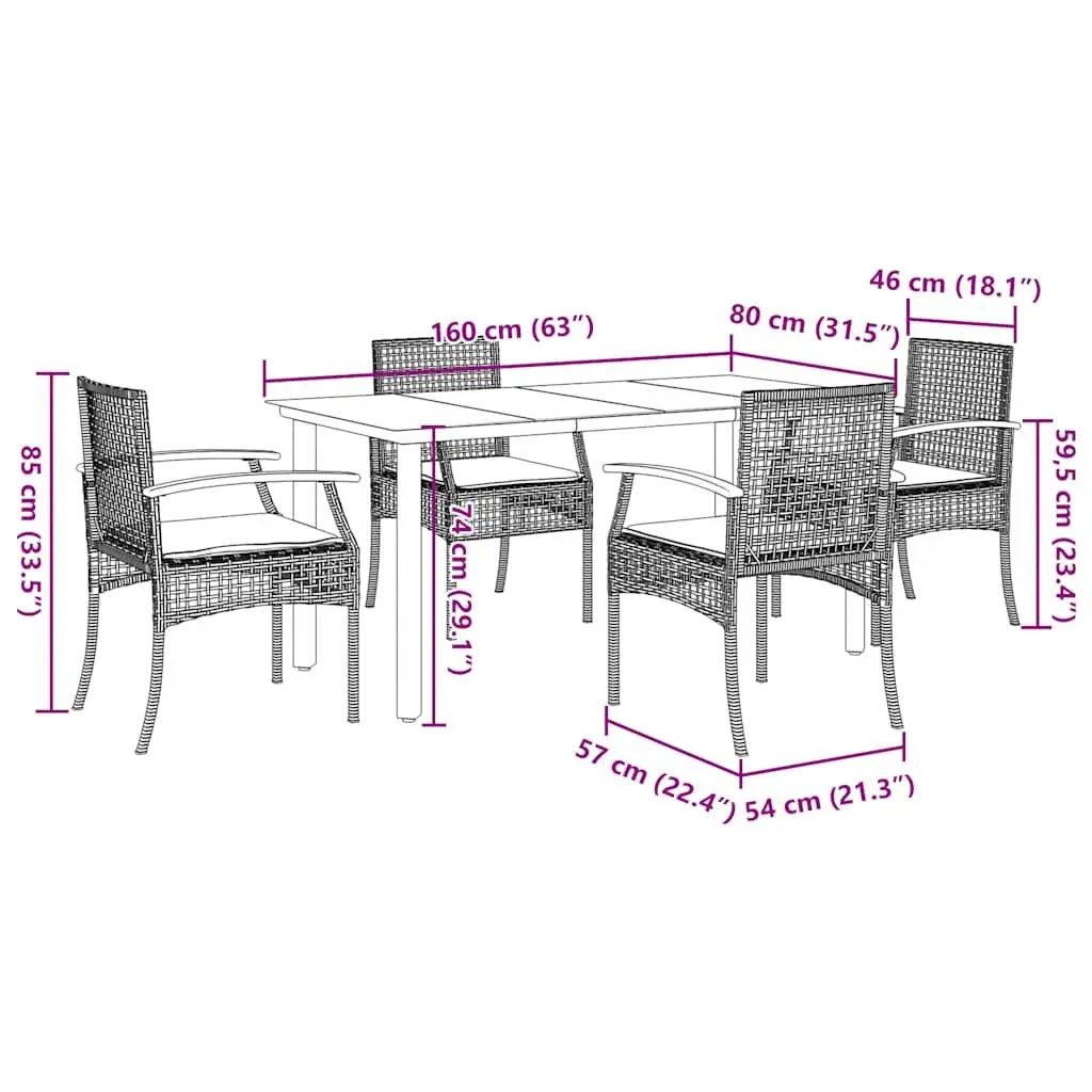 5 Piece Garden Dining Set PE Rattan Black Outdoor Furniture Table Chairs