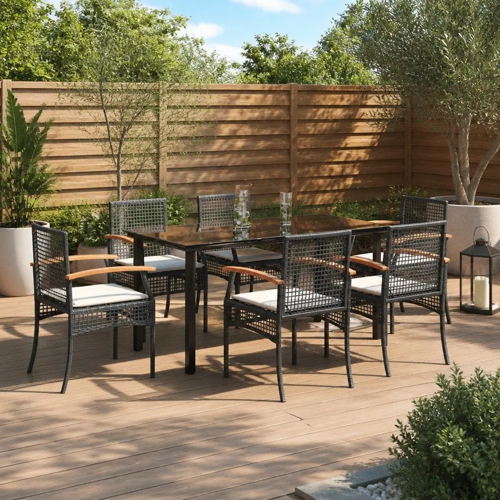 7 Piece Outdoor Dining Set with Black Poly Rattan
