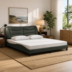 Durable King Bed Frame with LED Lights and Grey Fabric Headboard