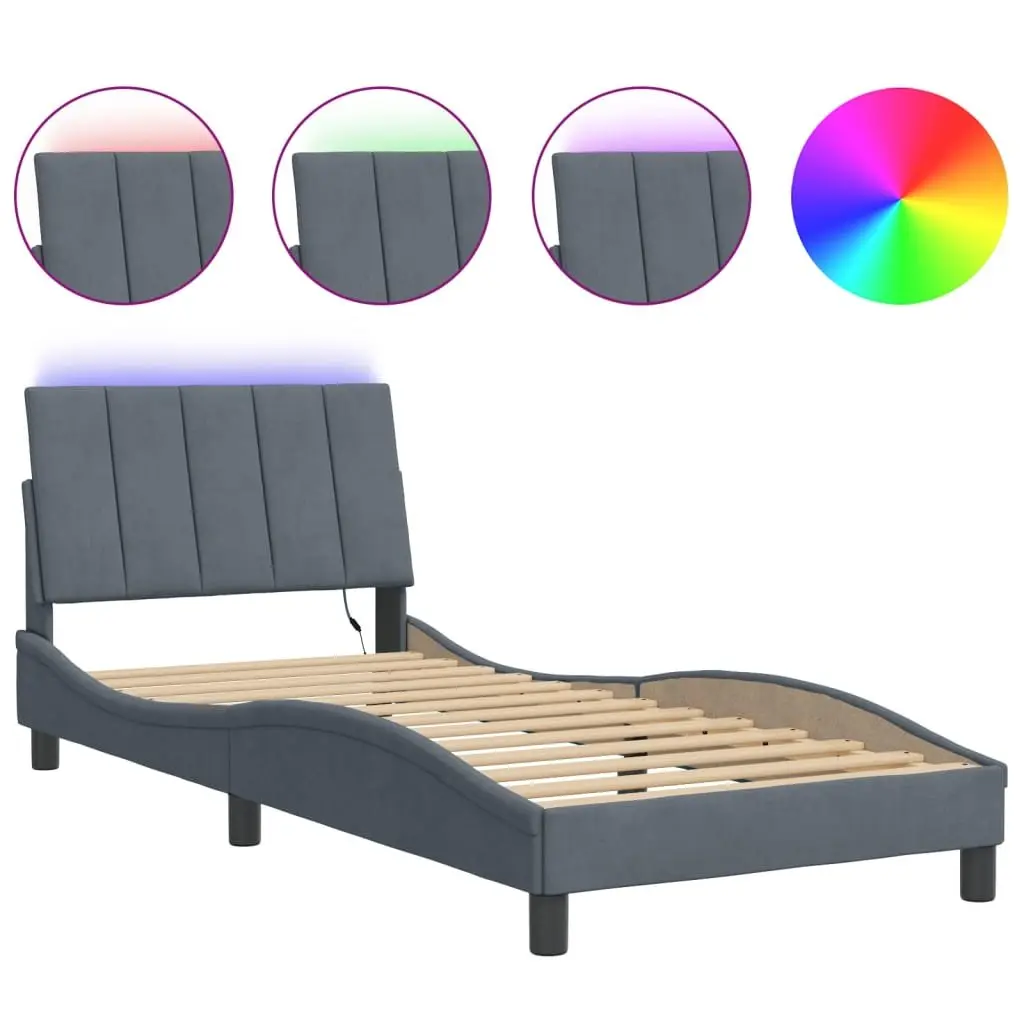 Bed Frame Velvet 90x190 cm Dark Grey with LED Lights Slatted Base Headboard