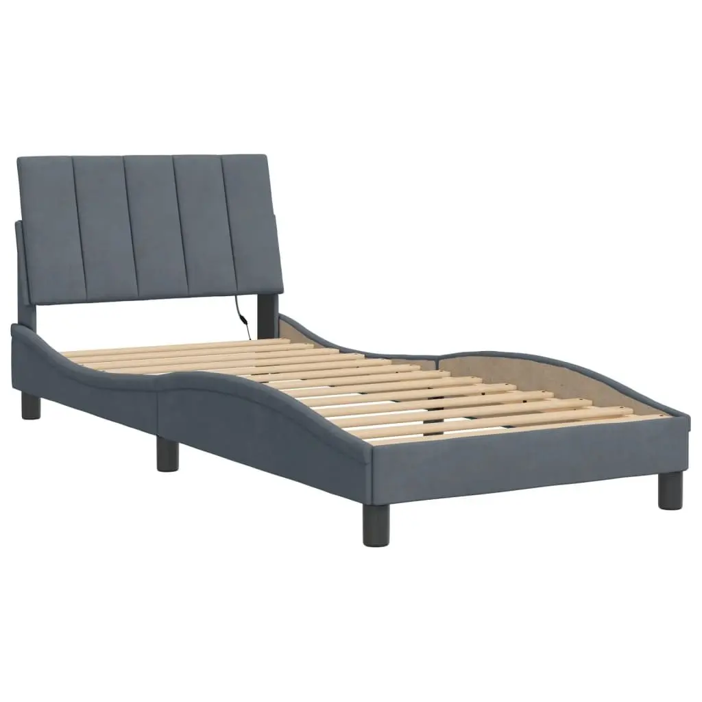 Bed Frame Velvet 90x190 cm Dark Grey with LED Lights Slatted Base Headboard