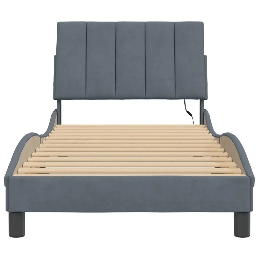 Bed Frame Velvet 90x190 cm Dark Grey with LED Lights Slatted Base Headboard