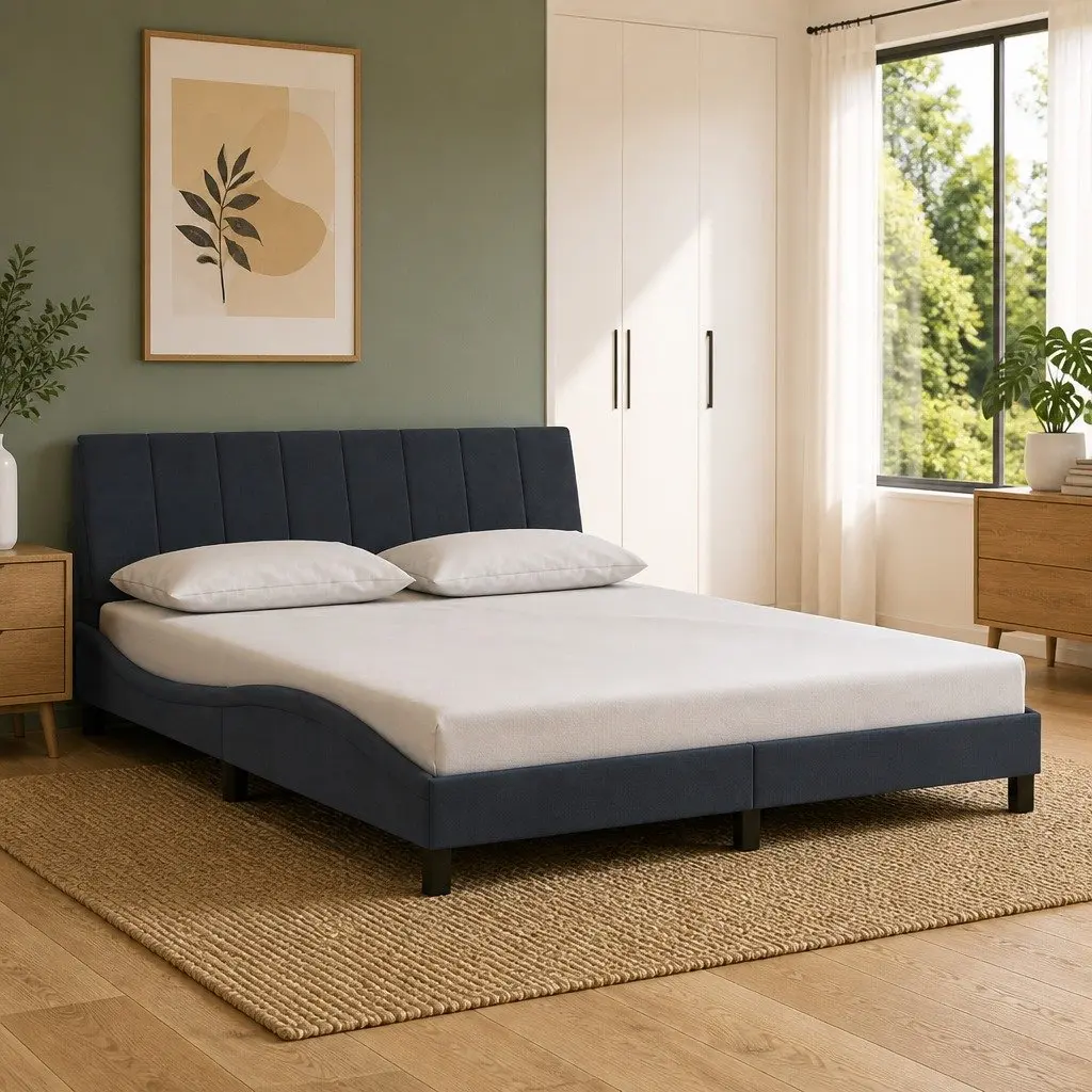 LED Grey Velvet Queen Bed Frame with Plywood Slats