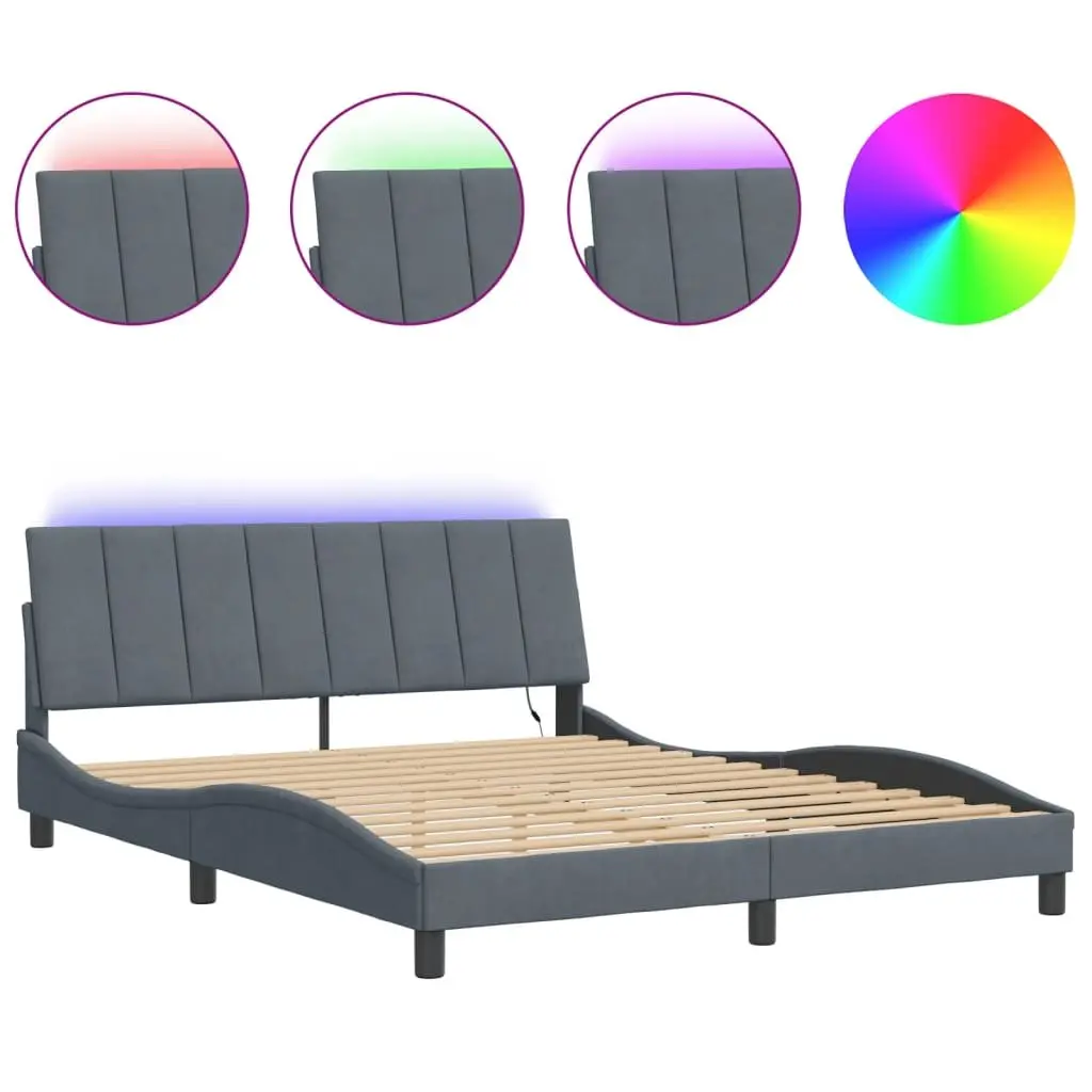 LED Grey Velvet Queen Bed Frame with Plywood Slats