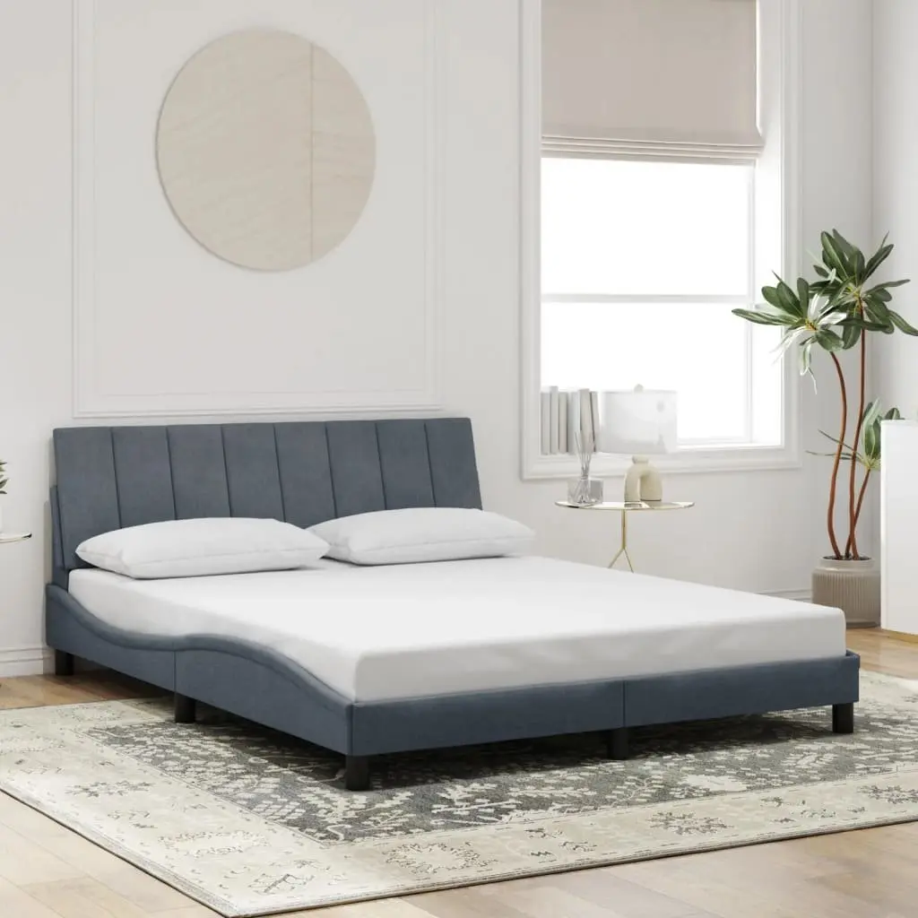 LED Grey Velvet Queen Bed Frame with Plywood Slats
