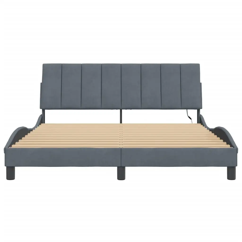 LED Grey Velvet Queen Bed Frame with Plywood Slats