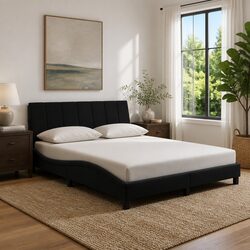 Queen Bed Frame with Stylish LED Lights Black Velvet Headboard 152x203 cm