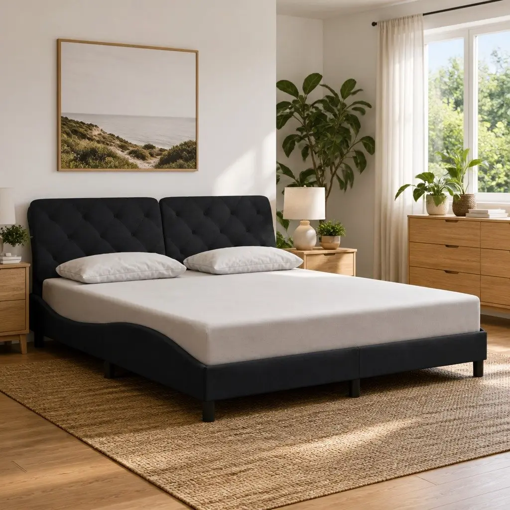 Bed Frame Velvet Black 180x200 cm with LED Lights Slatted Base Headboard