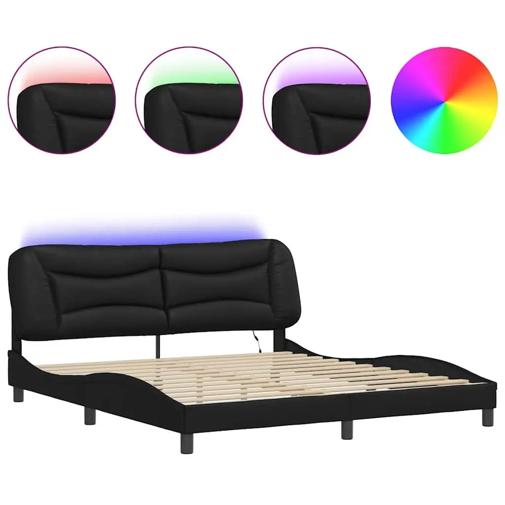 Black Bed Frame with Colourful LED Strip Lights Faux Leather Headboard 180x200cm