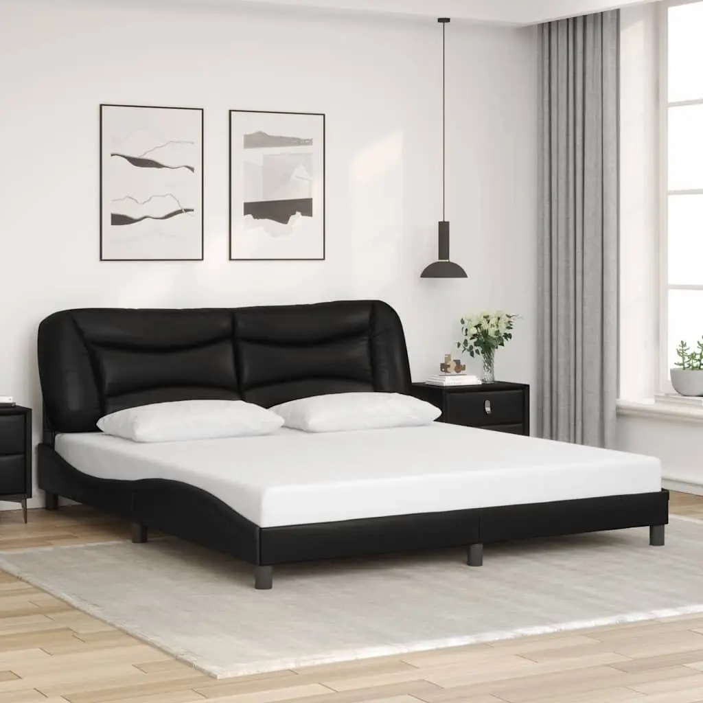 Black Bed Frame with Colourful LED Strip Lights Faux Leather Headboard 180x200cm
