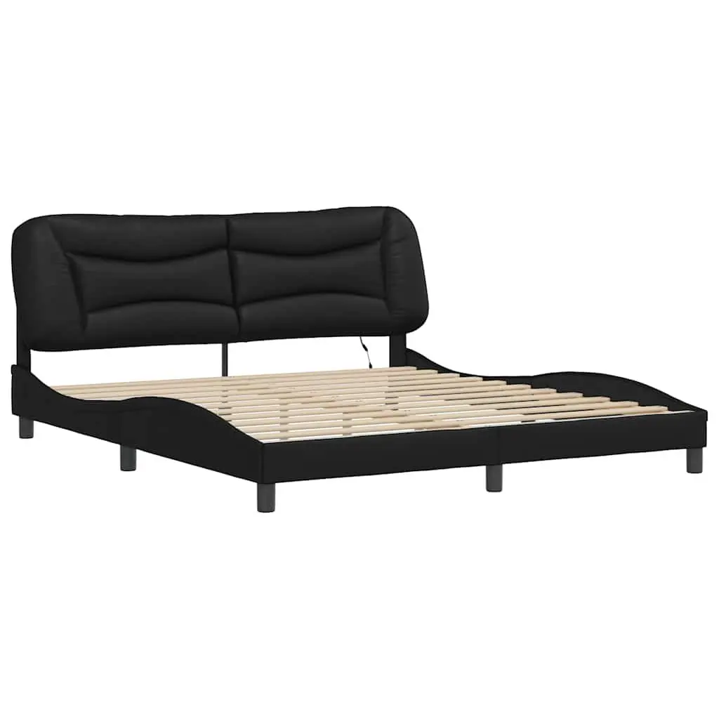 Black Bed Frame with Colourful LED Strip Lights Faux Leather Headboard 180x200cm