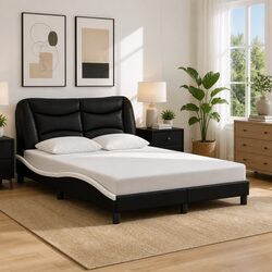 Sturdy Bed Frame with Integrated LED Lights, Black Faux Leather
