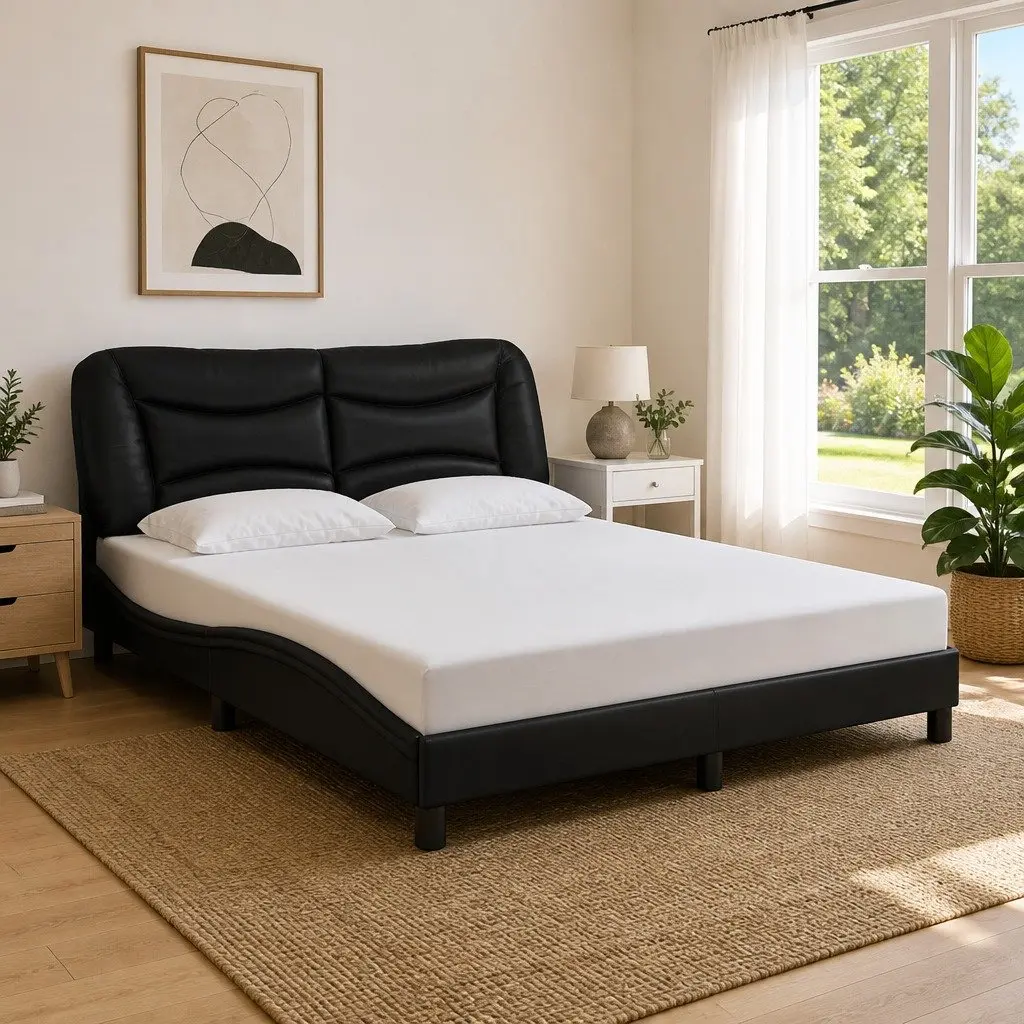 Black Faux Leather Bed Frame with LED Lighting