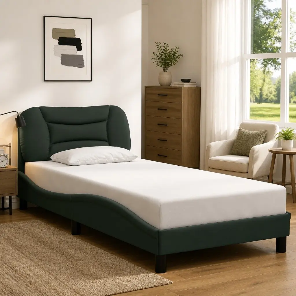 Grey Bed Frame with LED Lighting and Fabric Upholstery