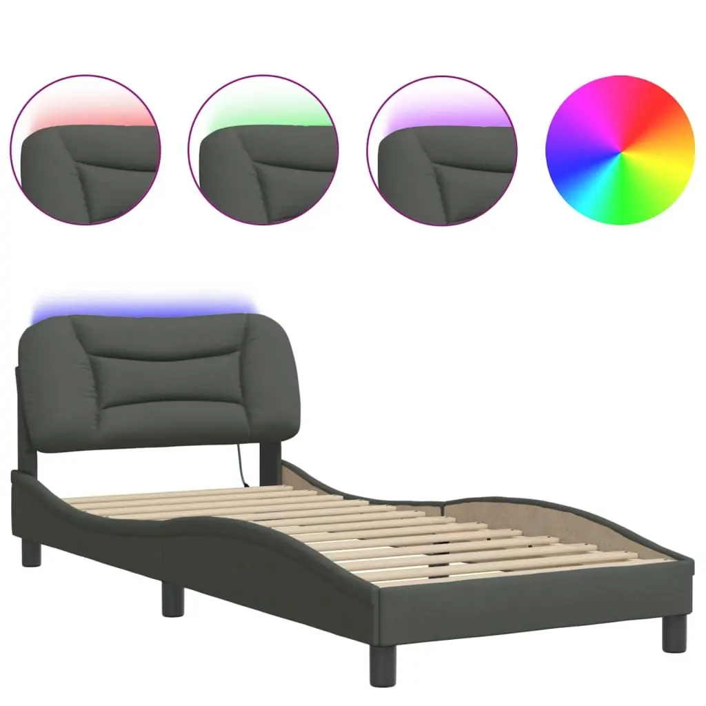 Grey Bed Frame with LED Lighting and Fabric Upholstery