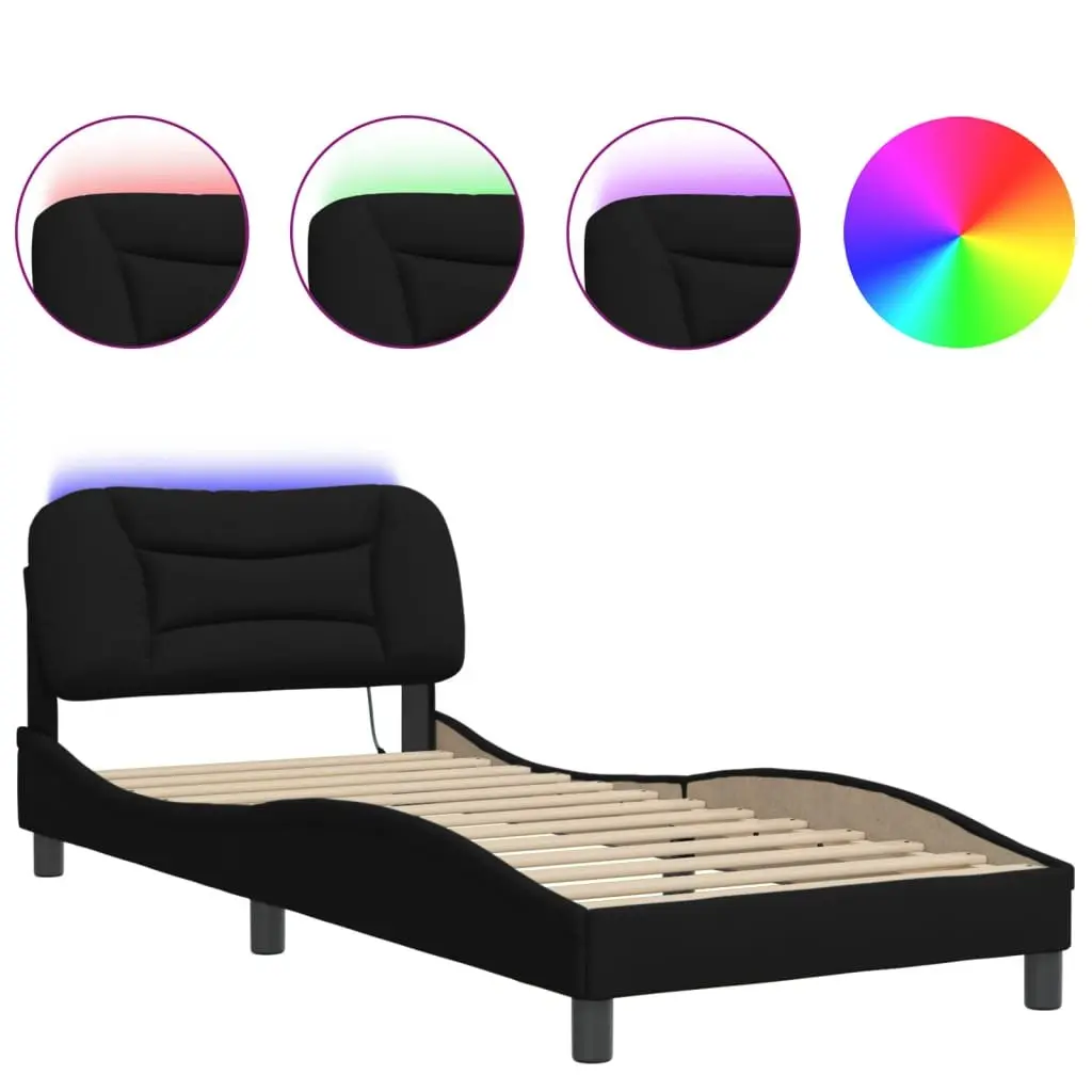 Bed Frame Fabric Black 90x190 cm Slatted Base LED Lights