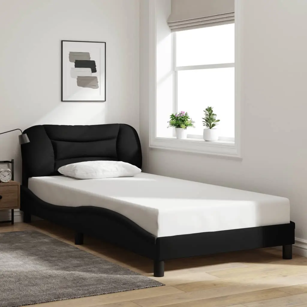 King Single Bed Frame with LED Lights Waved Design Black Fabric Headboard