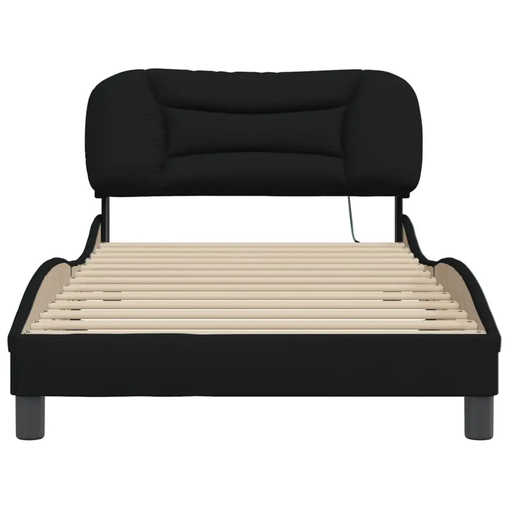 King Single Bed Frame with LED Lights Waved Design Black Fabric Headboard