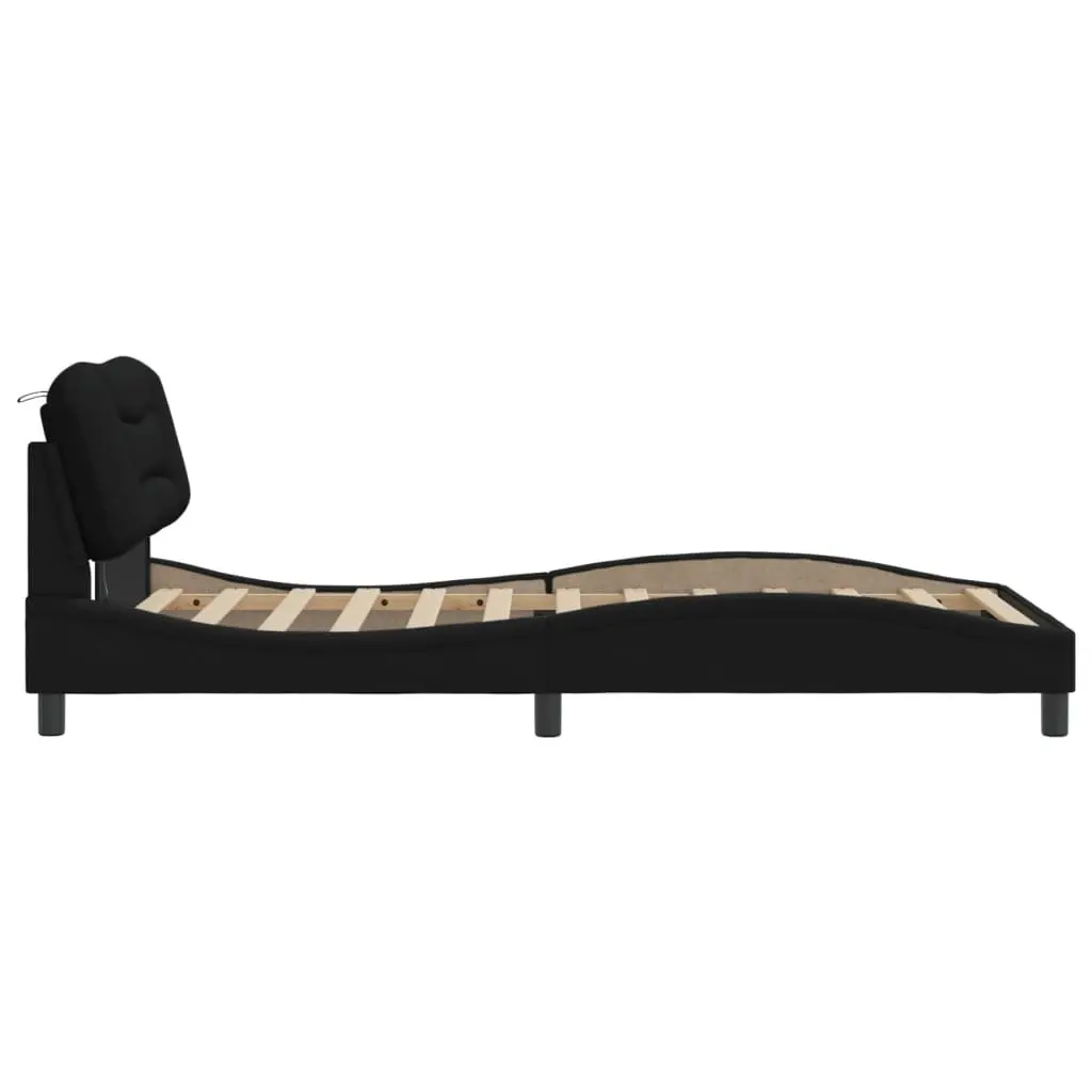 King Single Bed Frame with LED Lights Waved Design Black Fabric Headboard