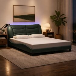 Queen Bed Frame with Black Fabric Headboard and LED