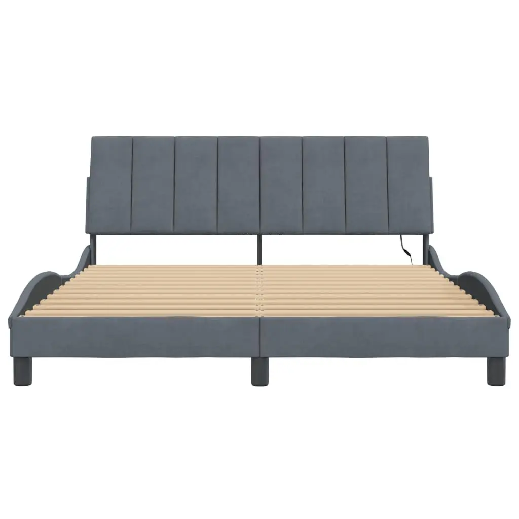 Grey Velvet Queen Bed Frame with LED Headboard