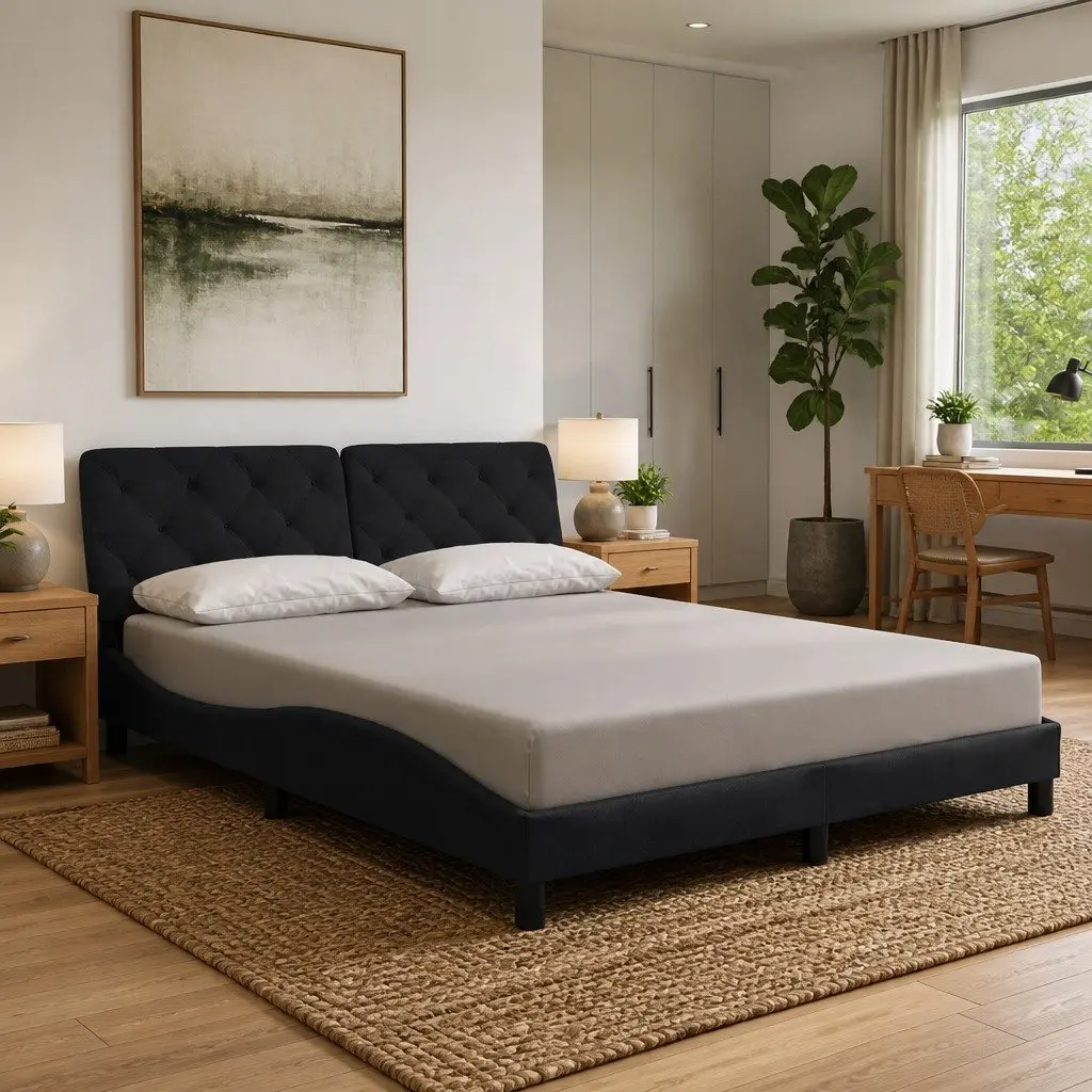 Queen Bed Frame Velvet Black with LED Lights and Foam-filled Headboard Pillow