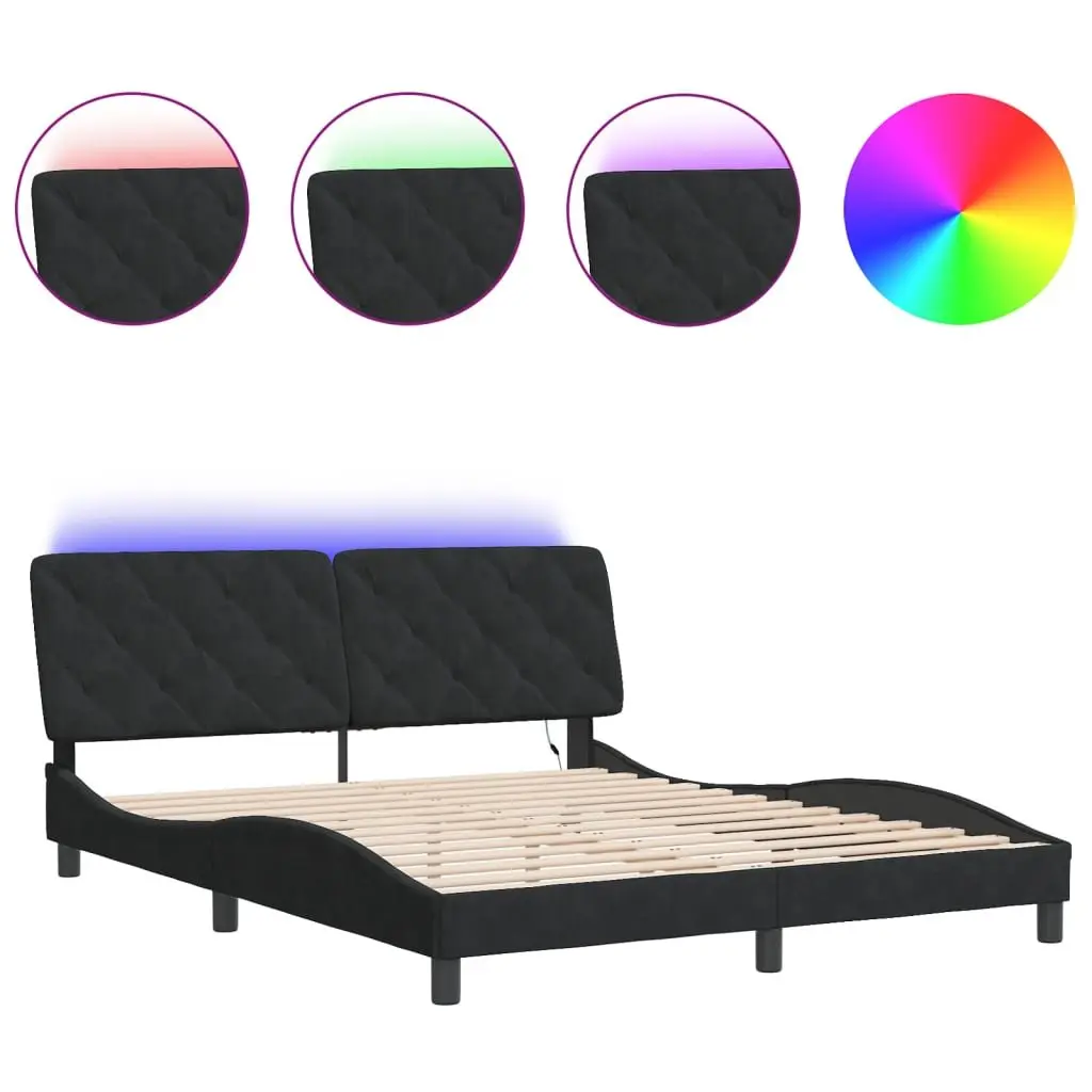 Queen Bed Frame Velvet Black with LED Lights and Foam-filled Headboard Pillow