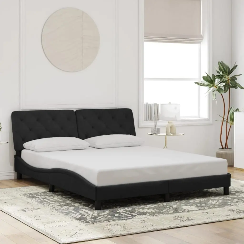 Queen Bed Frame Velvet Black with LED Lights and Foam-filled Headboard Pillow
