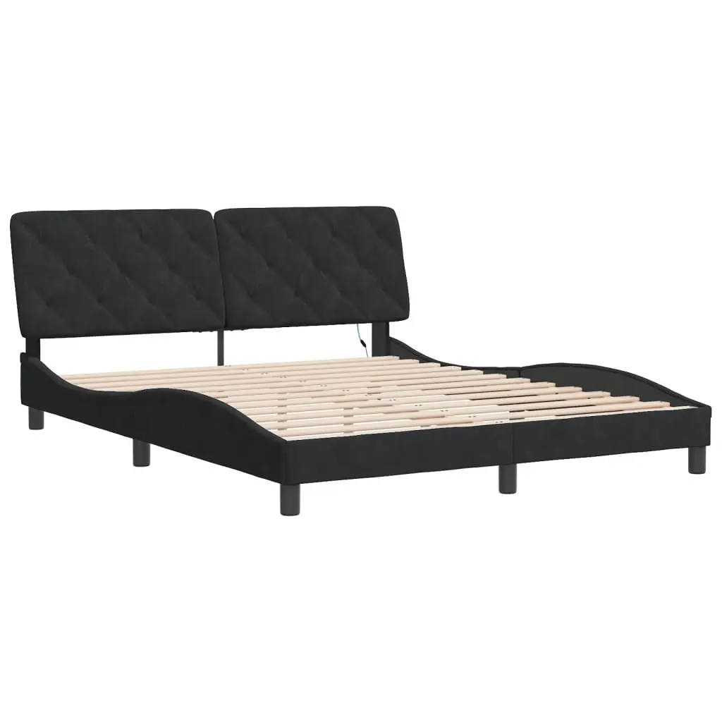 Queen Bed Frame Velvet Black with LED Lights and Foam-filled Headboard Pillow