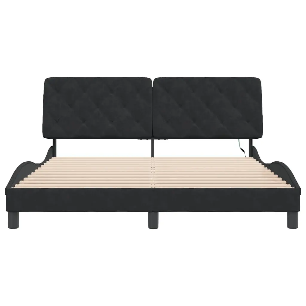 Queen Bed Frame Velvet Black with LED Lights and Foam-filled Headboard Pillow