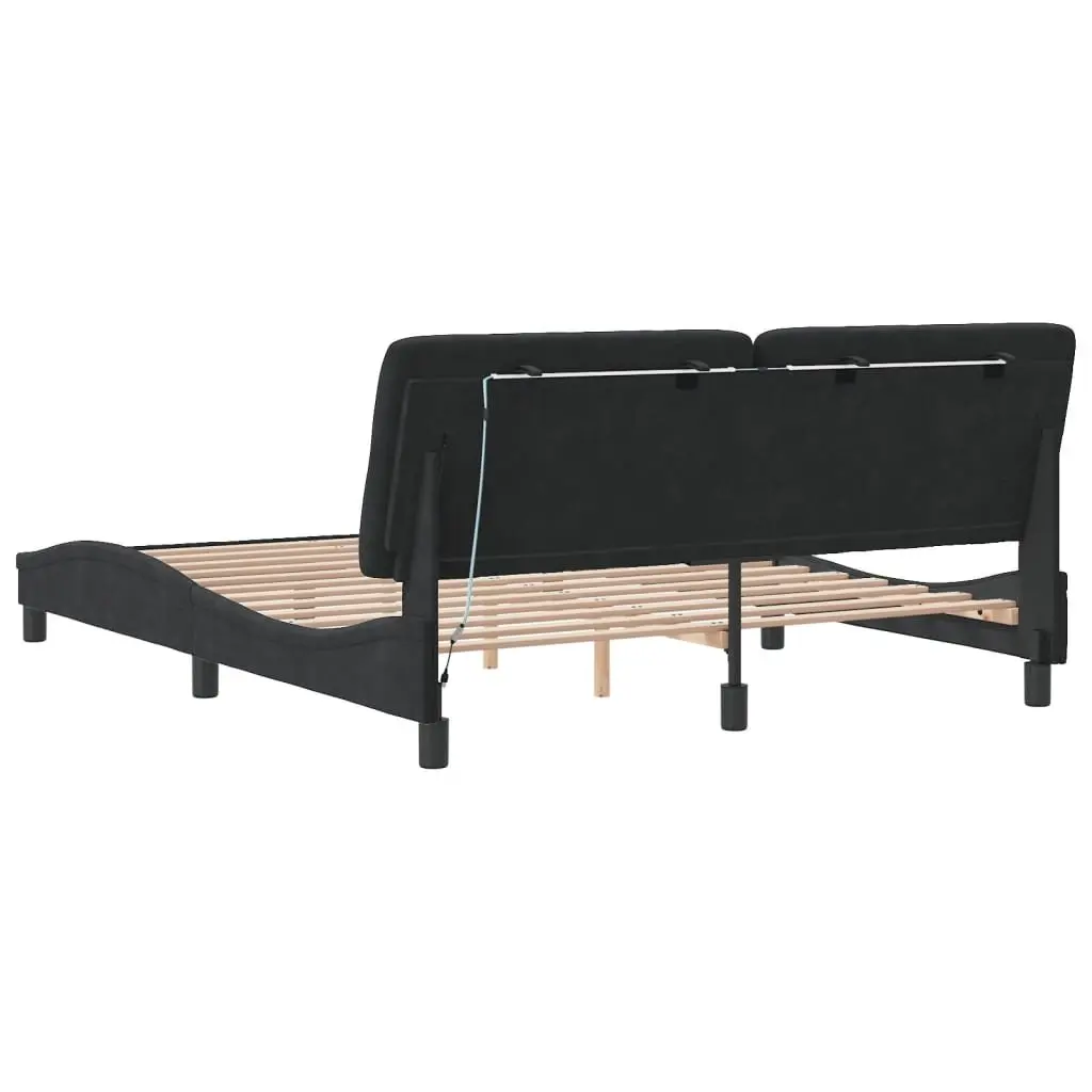 Queen Bed Frame Velvet Black with LED Lights and Foam-filled Headboard Pillow
