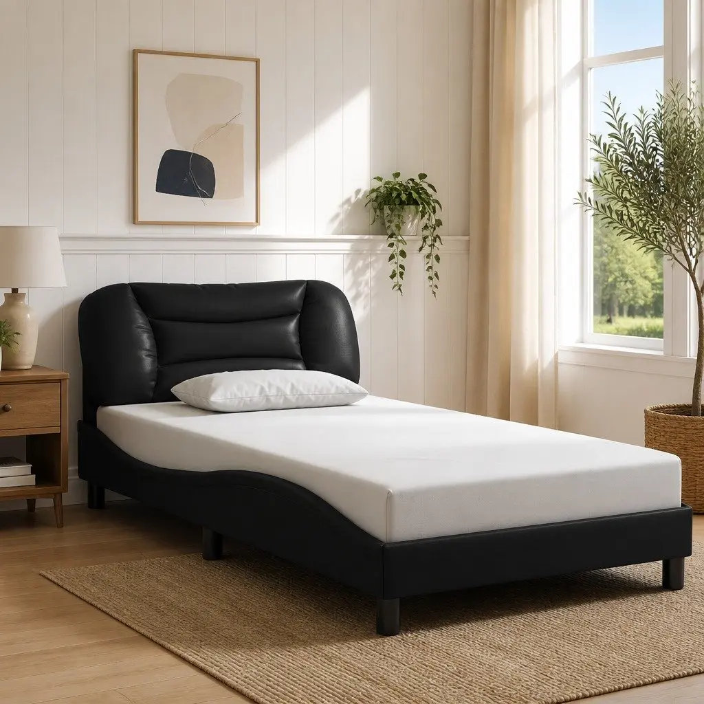 Bed Frame Faux Leather 107x203 cm Black with LED Lights Headboard