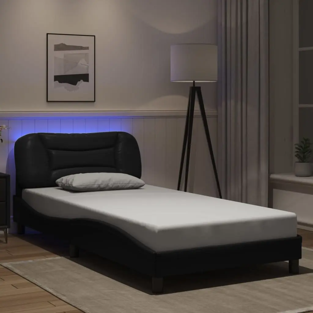 Bed Frame Faux Leather 107x203 cm Black with LED Lights Headboard