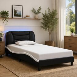 Stylish Black and White LED Bed Frame with Faux Leather