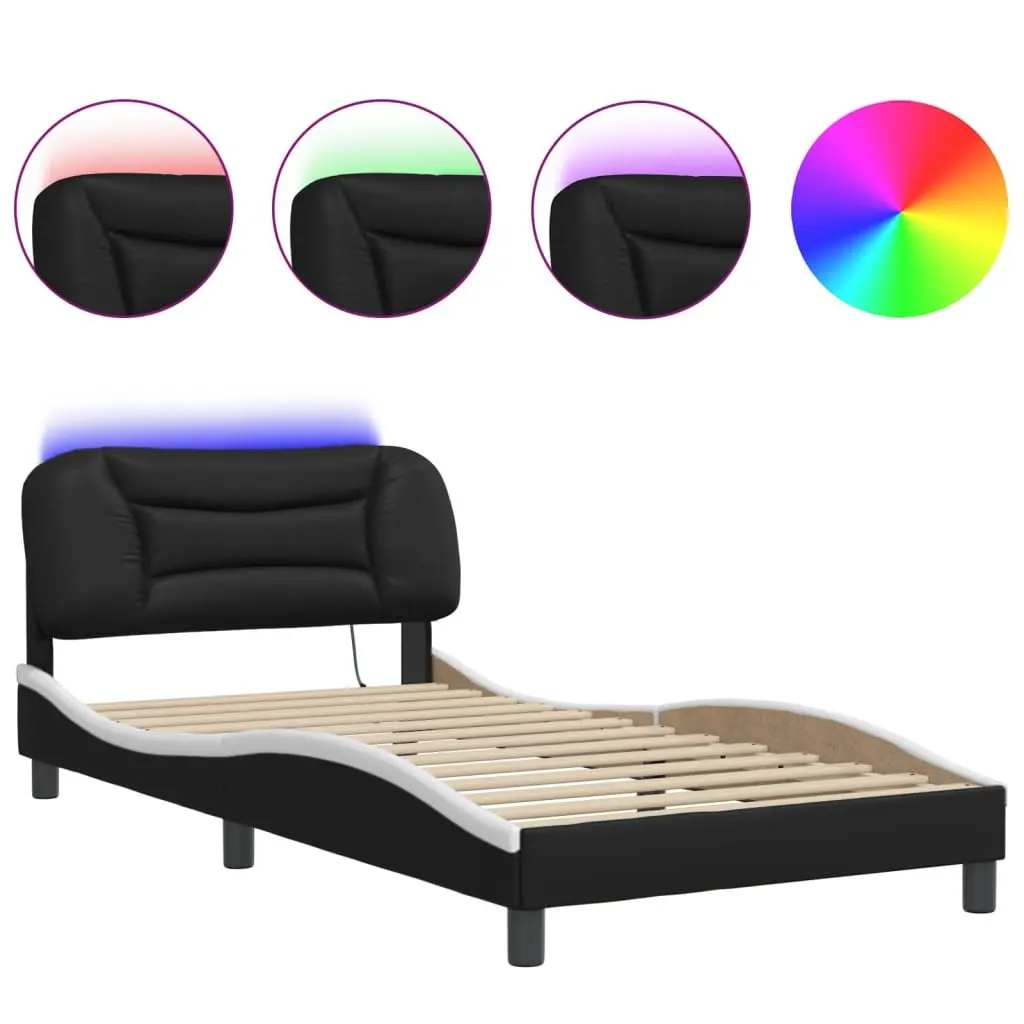 Black and White LED Bed Frame with Faux Leather