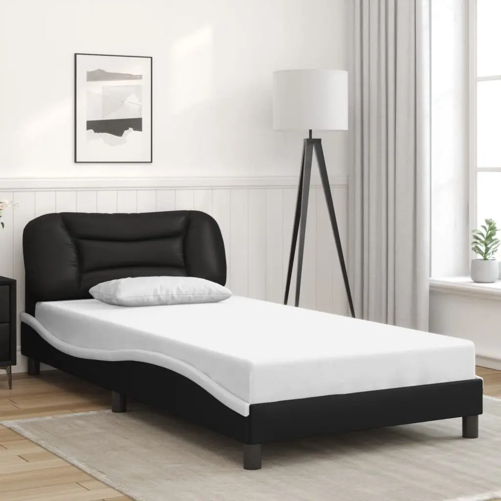 Black and White LED Bed Frame with Faux Leather